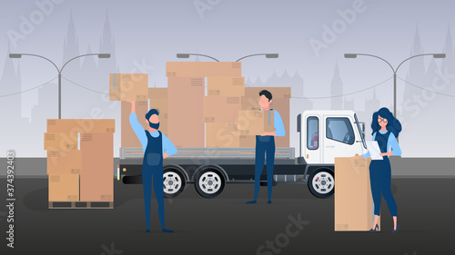 Moving home banner. Moving to a new place. White truck, Movers carry boxes, a girl checks the presence in the list. Carton boxes. The concept of transportation and delivery of goods. Vector.