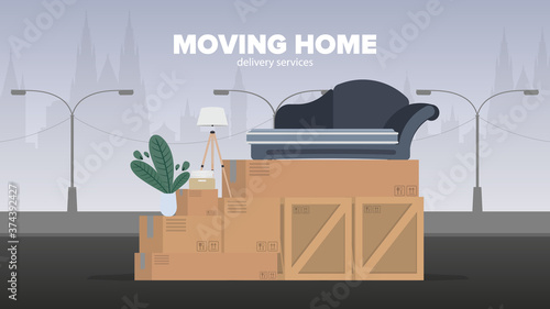 Moving home banner. Moving to a new place. Wooden boxes, cardboard boxes, sofa, houseplant, floor lamp. Isolated. Vector.