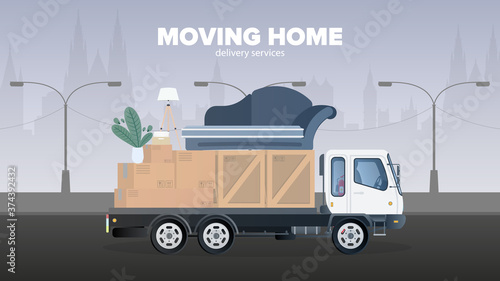 Moving home banner.  Moving to a new place. White truck, boxes, sofa, indoor plant, lamp. Isolated. Vector.
