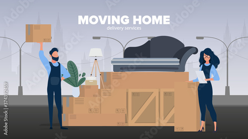 Moving home banner. Moving to a new place. Wooden boxes, cardboard boxes, sofa, houseplant, floor lamp. Isolated. Vector.
