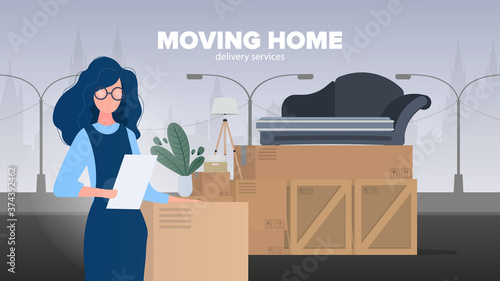 Moving home banner. Moving to a new place. White truck, a girl checks the availability of the list. Carton boxes. The concept of transportation and delivery of goods. Vector.