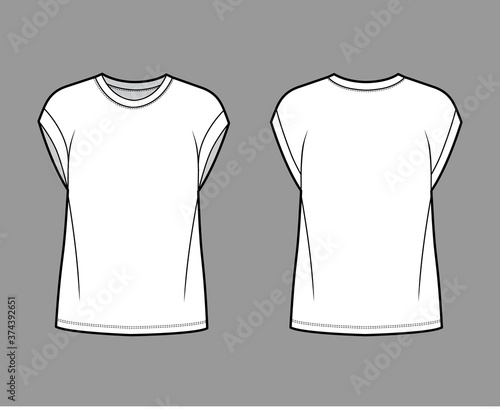 Boyfriend cotton-jersey T-shirt technical fashion illustration with classic crew neckline, short cap sleeves, oversized. Flat apparel template front back white color. Women men, unisex top CAD mockup