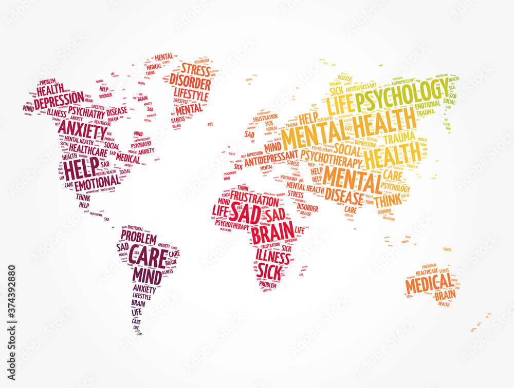 Mental health word cloud in shape of world map, social concept background Mental health word cloud in shape of world map, social concept background