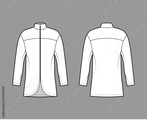 Zip-up shirt technical fashion illustration with relaxed fit, high neckline, back round yoke, front, long sleeves. Flat blazer apparel template front, back white color. Women men unisex top CAD mockup
