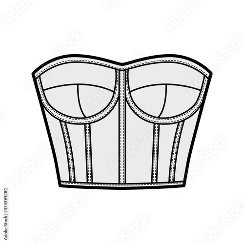 Corset-style bustier top technical fashion illustration with molded cups, close fit, back zip fastening, cropped length. Flat apparel template front, grey color. Women men unisex shirt CAD mockup