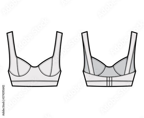 Jewel cropped bustier top technical fashion illustration with wide shoulder strap, flattering curved molded cups, close fit. Flat apparel template front, back grey color. Women unisex shirt CAD mockup