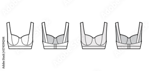 Jewel cropped bustier top technical fashion illustration with wide shoulder strap, flattering curved molded cups, close fit. Flat template front, back, white grey color. Women unisex shirt CAD mockup