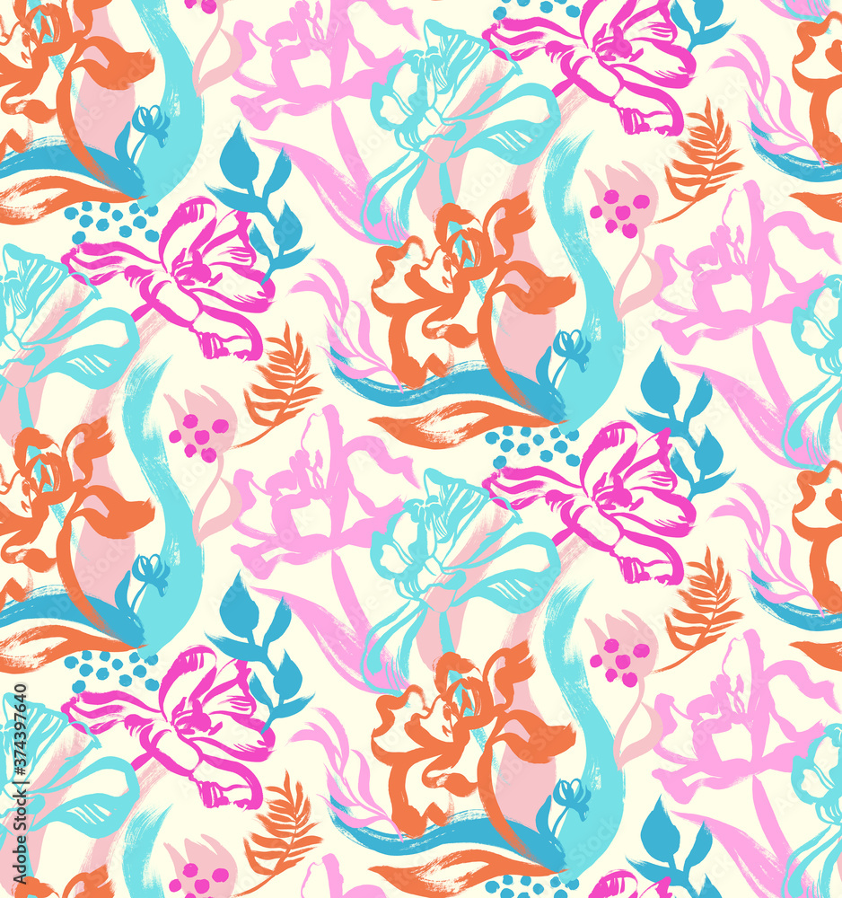 bright multicolored seamless pattern with painted flowers tulips on a light yellow background