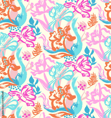 bright multicolored seamless pattern with painted flowers tulips on a light yellow background
