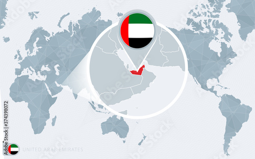 Pacific Centered World map with magnified United Arab Emirates. Flag and map of United Arab Emirates.