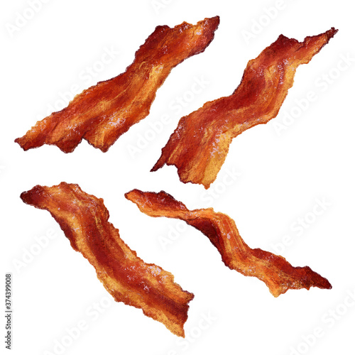 Bacon slices fried snack watercolor hand drawn illustration. Roasted meat crisp appetizer isolated on white backround