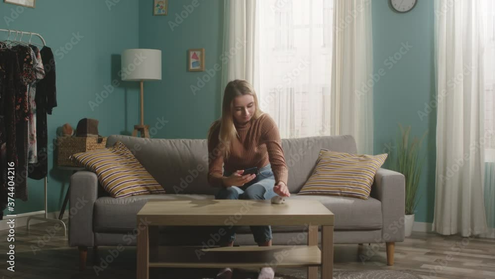Young girl in brown sweater and jeans sits on beige sofa and takes picture of hamster on her mobile phone. Camera hits the subject. Young girl in brown sweater and jeans sits on beige sofa and takes picture of hamster on her mobile phone. Camera hits the subject.