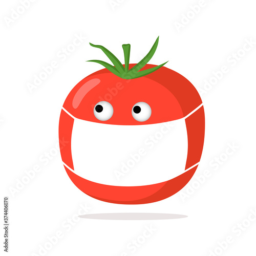 Ripe tomato wearing a protective mask against infection or harmful spraying.