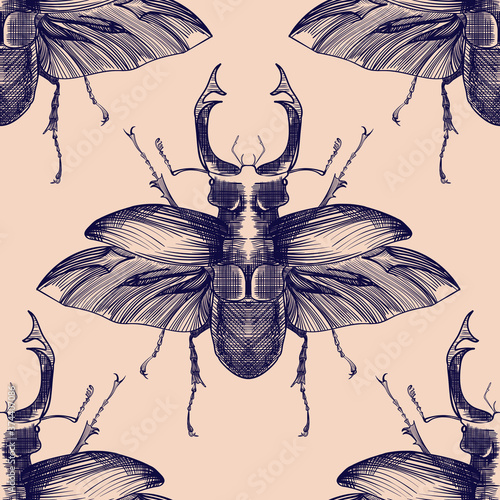seamless hand-drawn deer beetle pattern on a pastel background . Botanical design. EPS 10