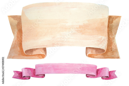 Watercolor satin ribbon. Stripes or banners for text. Painting on white background.