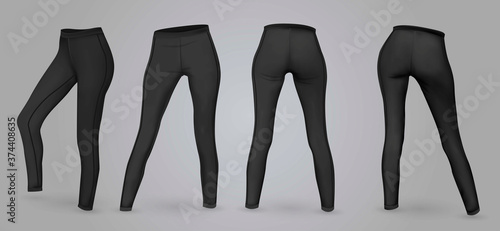 Women’s black leggings mockup in front and back view, isolated on a gray background. 3D realistic vector illustration