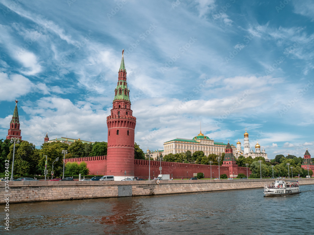 Kremlin embankment on a summer day. Towers Of The Moscow Kremlin. Bell Tower Of Ivan The Great. Churches in Moscow