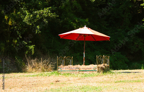 iron bed boards filled with hay straw in a clearing under a red umbrella in the woods