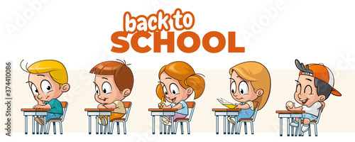 Cartoon illustration of a group of elementary students in the class room in the back to elementary school