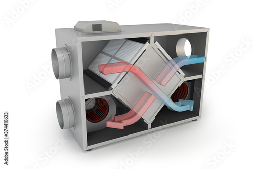 Air Recuperator with arrows. Filtration and ventilation system, 3D illustration photo