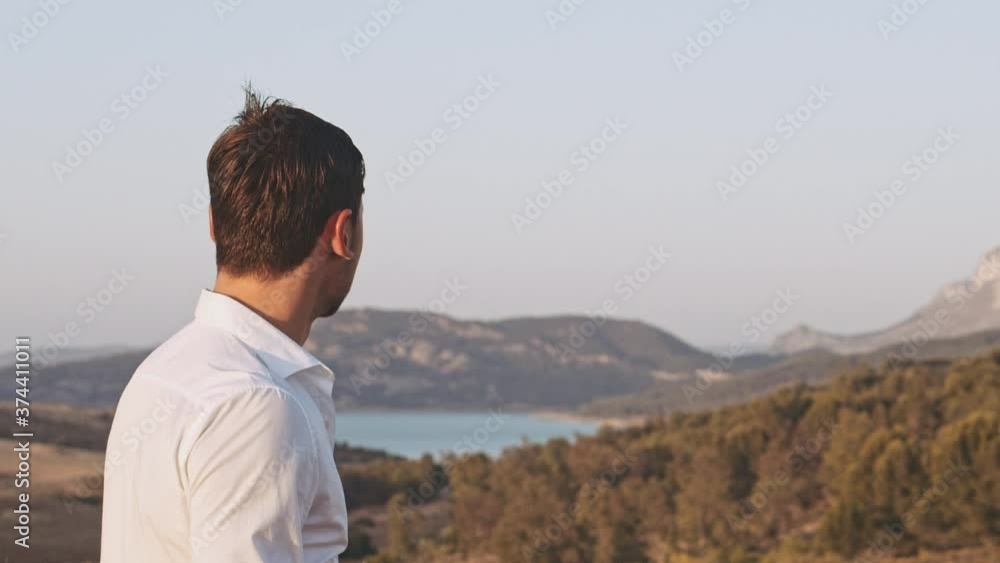 Gorgeous Man Entering Panoramic Scene Enjoying the View of Wheat Fields Gorgeous Man Entering Panoramic Scene Enjoying the View of Wheat Fields