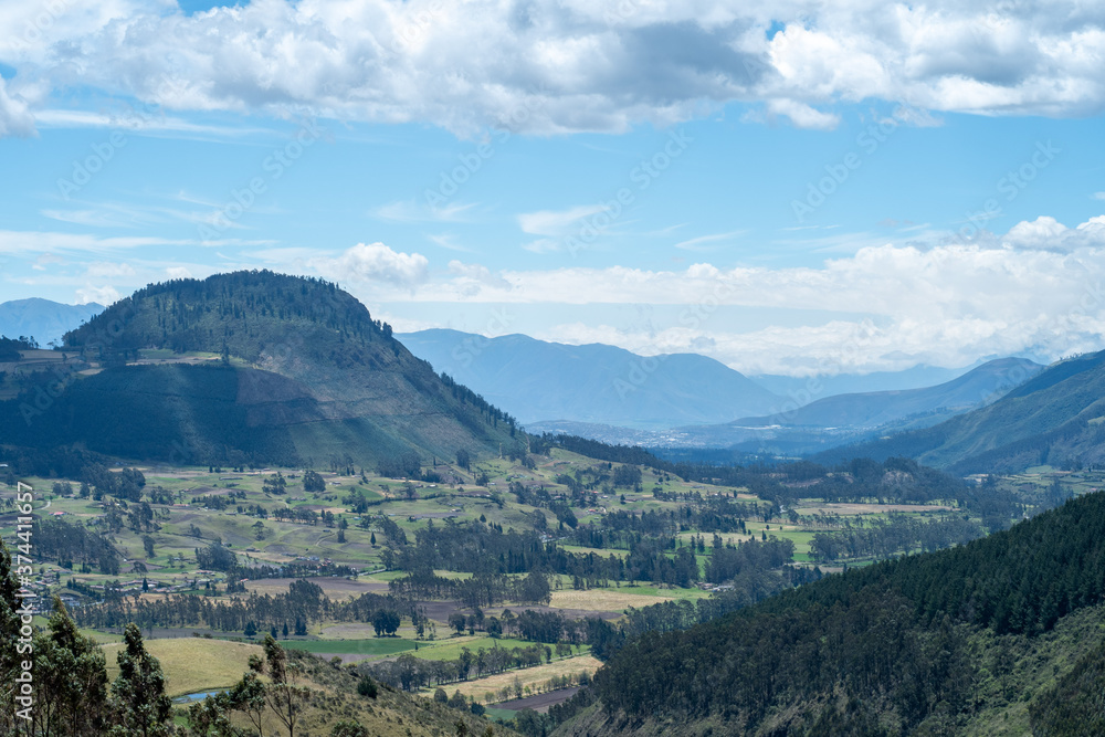 beutiful landscape with blue sky and green fields on ecuador 