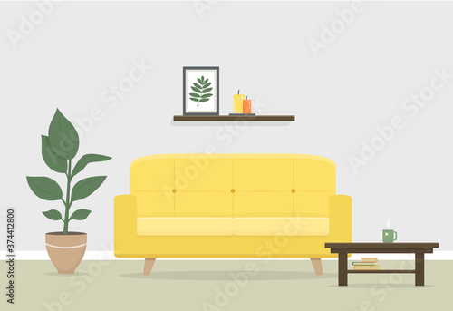 Living room interior with yellow sofa, plant and coffee table. Flat style, vector illustration.  Interior in scandinavian style