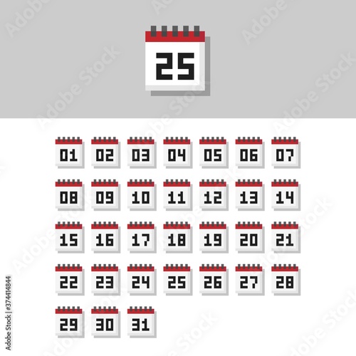 Pixel art 8-bit from 1 to 31 day month calendar icon set - isolated vector illustration