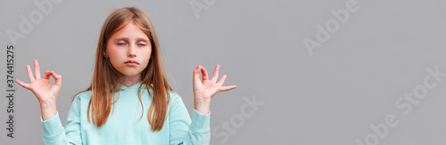 Wallpaper Mural Calm woman relaxing meditating, no stress free relief at work concept, mindful peaceful young businesswoman or student practicing breathing yoga exercises on isolated over gray background Torontodigital.ca