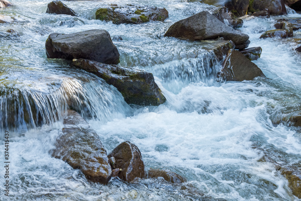 View of the river or torrent in the Natural Park of Paneveggio Pale di San Martino in Tonadico, Trentino, Italy