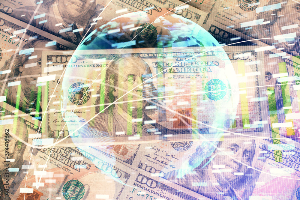 Multi exposure of business theme drawing over us dollars bill background. Concept of financial success. Multi exposure of business theme drawing over us dollars bill background. Concept of financial success.