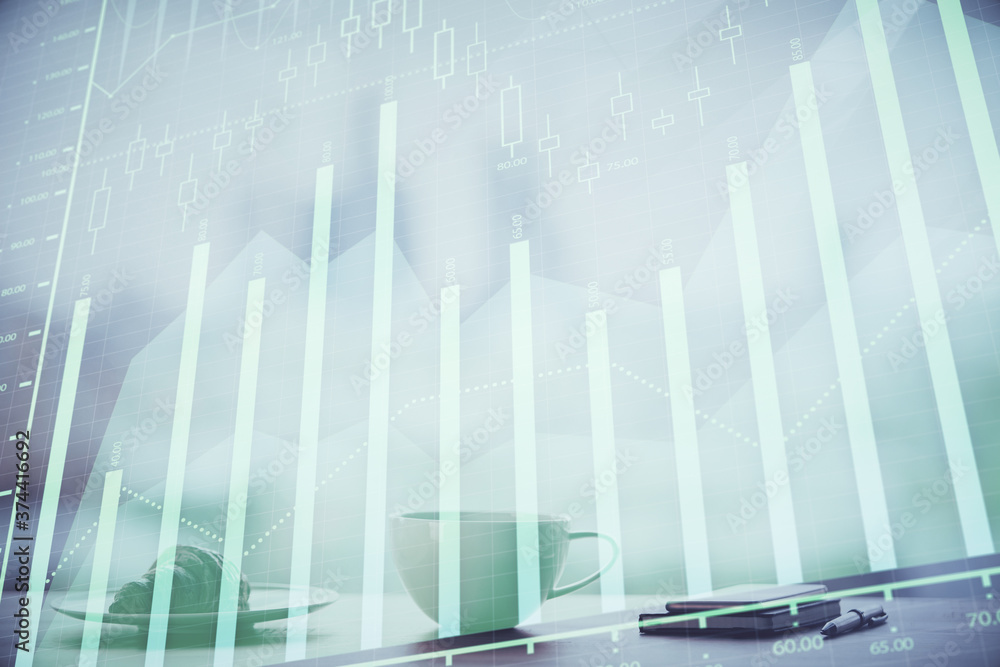 Double exposure of forex chart over coffee cup background in office. Concept of financial analysis and success. Double exposure of forex chart over coffee cup background in office. Concept of financial analysis and success.
