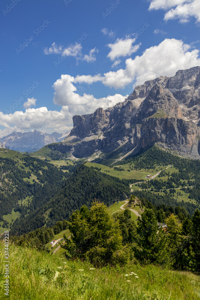 View of the Dolomites near Selva, South Tyrol, Italy