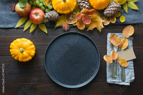 Wallpaper Mural Fall table place setting decorated pumpkins, autumn harvest. View from above. Torontodigital.ca