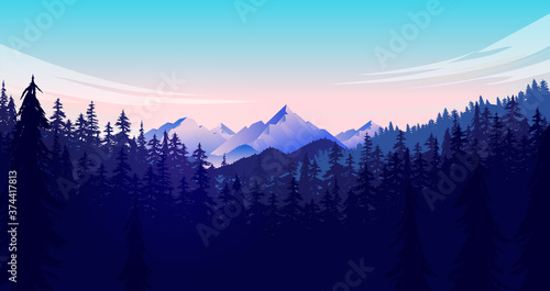 Forest and mountain vector illustration. Adventurous nature landscape scene with clouds, mountain and trees. Great for background and wallpaper.