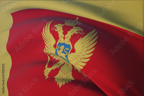 Waving flags of the world - flag of Montenegro. Closeup view, 3D illustration.