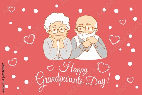 Grandparent and hearts around, ' Happy Grandparents Day!', hand-drawn.