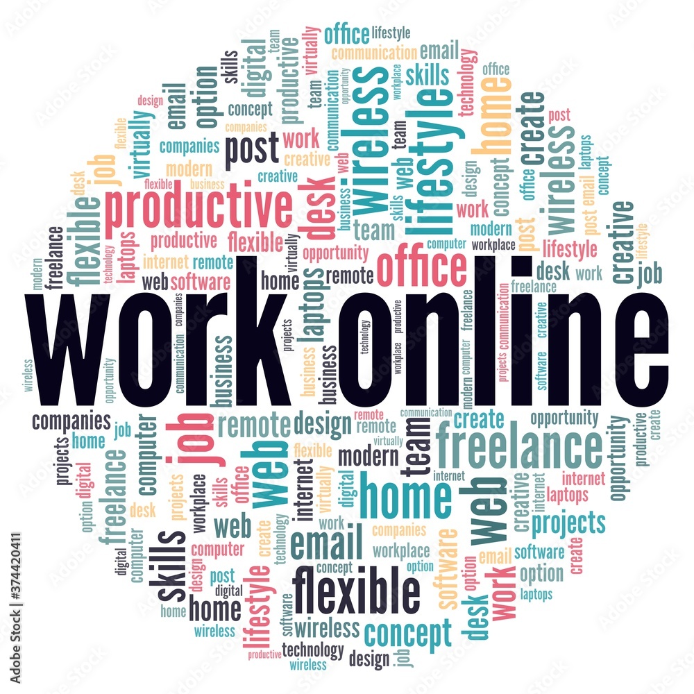 Fototapeta premium Work online vector illustration word cloud isolated on a white background.