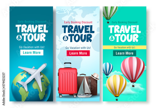 Travel and tour poster set vector background design. Travel and tour early booking discount with traveling elements for tourism online promotional purposes. Vector illustration. 