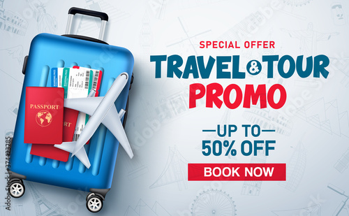 Travel and tour promo vector background template. Travel and tour special offer promo discount text with world's famous tourist landmarks patterned background. Vector illustration.
