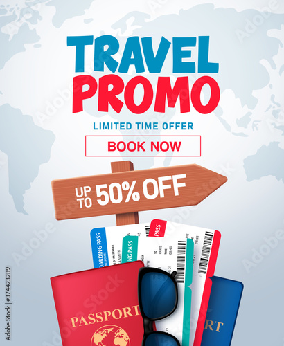 Travel promo vector banner design. Travel promo offer in world map space for text with travel and tour elements like passport and tickets for online ticket booking. Vector illustration.
