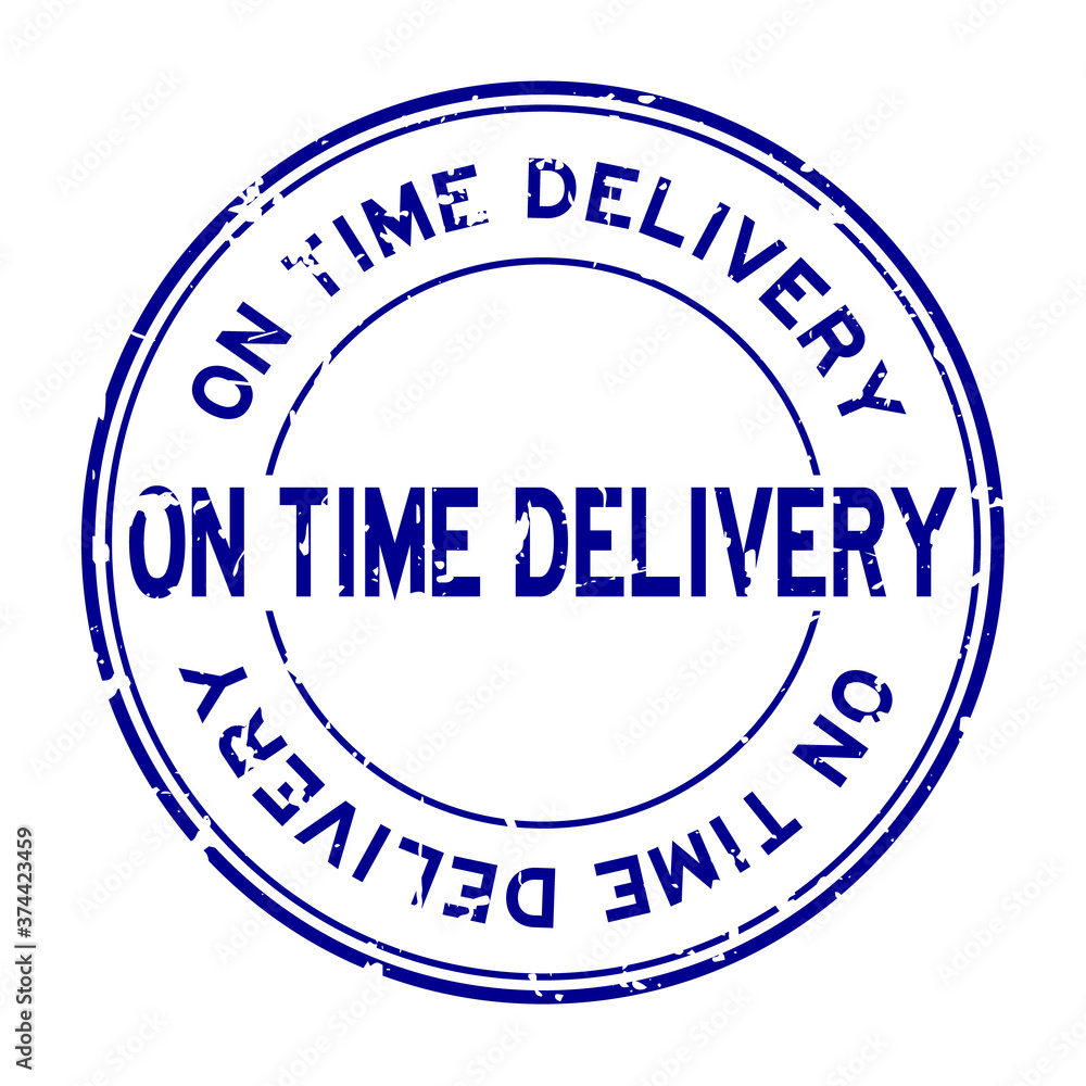 Grunge blue on time delivery word round rubber seal stamp on white background Grunge blue on time delivery word round rubber seal stamp on white background