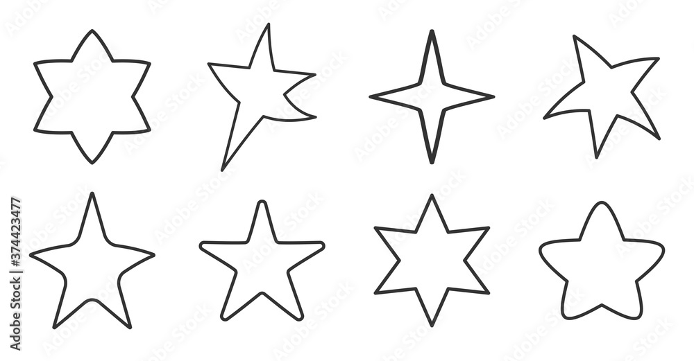 Black line star icons set. Template stars shape. Simple empty outline for tatto, app, game. Symbol starry magic, night sky. Decoration element for christmas or birthday. Isolated vector illustration Black line star icons set. Template stars shape. Simple empty outline for tatto, app, game. Symbol starry magic, night sky. Decoration element for christmas or birthday. Isolated vector illustration