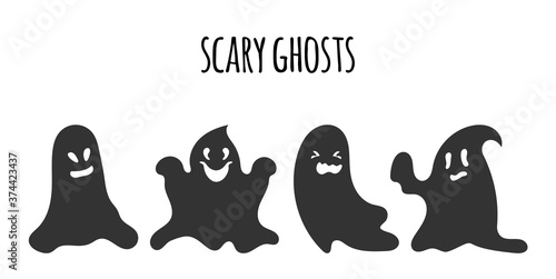 Silhouette black ghost set. Happy Halloween character with scary or surprised face shape. Creepy funny cute spook. Great for design postcards on holiday. October horror. Isolated vector illustration
