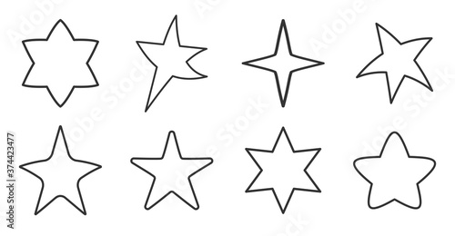 Black line star icons set. Template stars shape. Simple empty outline for tatto, app, game. Symbol starry magic, night sky. Decoration element for christmas or birthday. Isolated vector illustration