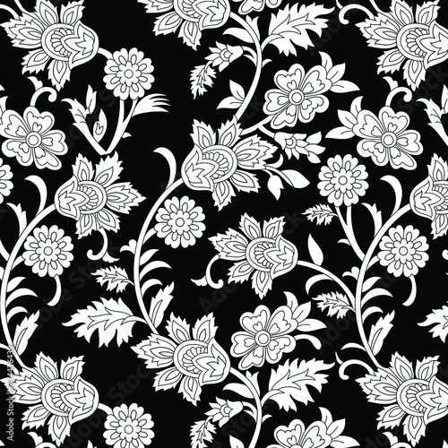 traditional Indian paisley pattern white on black background