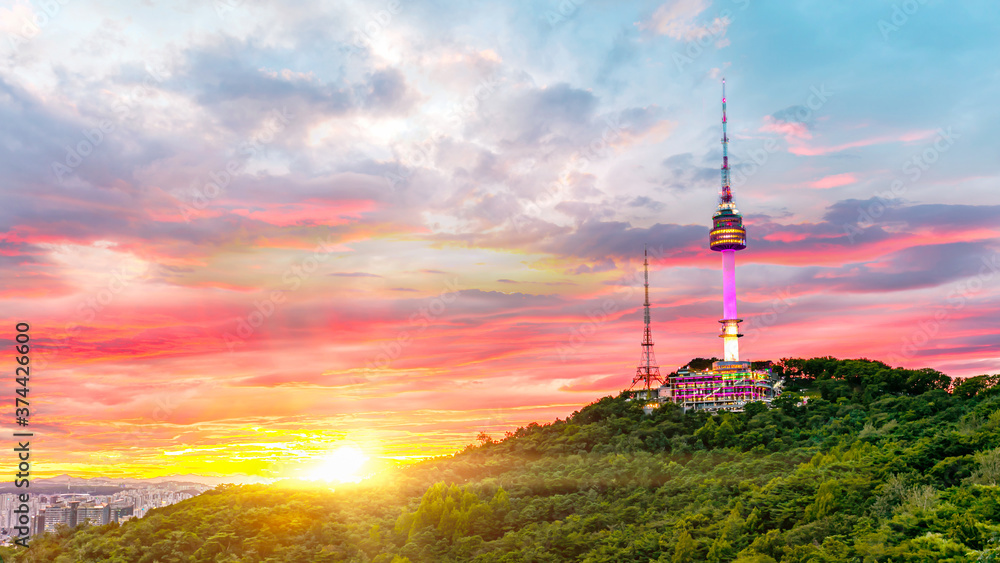 Sunset of Seoul Tower in Seoul South Korea
