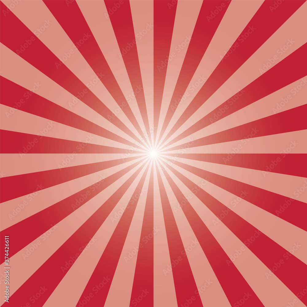 Red sunburst background template. Rectangular recto backdrop. Sun rays pattern. US Flag red sunbeam background design for various purposes.