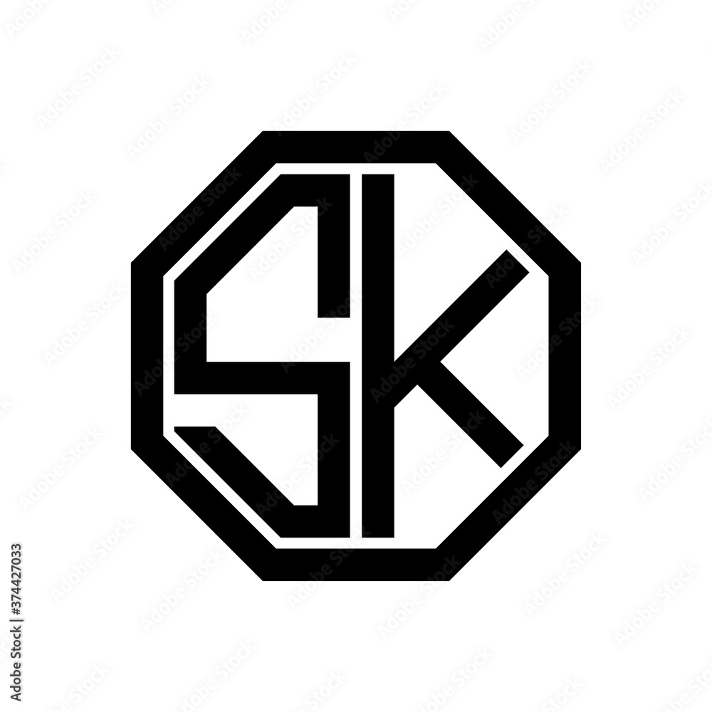 SK initial monogram logo, octagon shape, black color