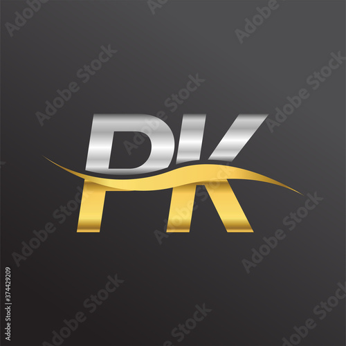 initial letter logo PK company name gold and silver color swoosh design. vector logotype for business and company identity.
